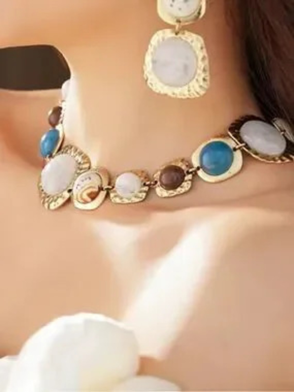 Gold-Tone Multi-Gem Statement Necklace with Blue and Cream Accents